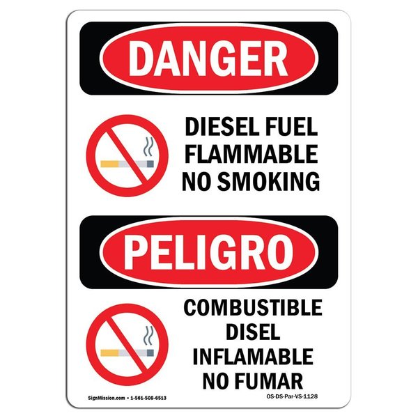 Signmission OSHA, Diesel Fuel Flammable No Smoking Bilingual, 14in X 10in Rigid Plastic, 10" W, 14" L, Spanish OS-DS-P-1014-VS-1128
